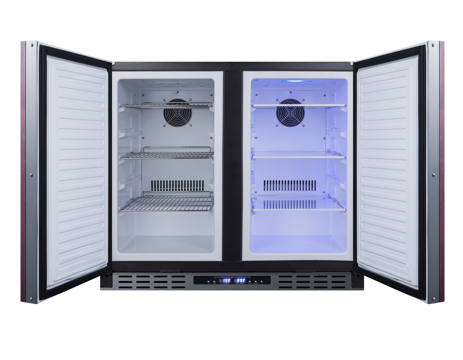 ADA compliant, commercially approved, frost-free, side-by-side refrigerator-freezer for built-in or freestanding use with two panel ready doors, black cabinet, and front-placed digital controls
